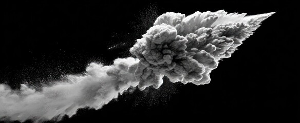 A plume of gray smoke billows across a stark black background, creating an dramatic, abstract composition with a sense of dynamic movement and energy