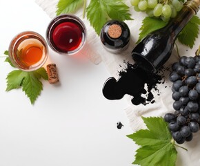 Overhead shot wine glasses, a bottle spilling dark liquid, grapes, and leaves on a white cloth, all against a bright white backdrop