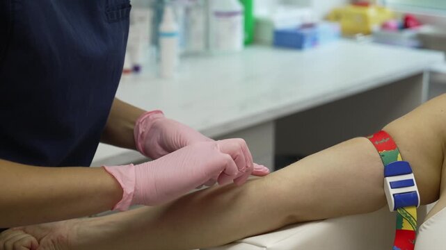 A healthcare worker in pink gloves drawing blood from a patients arm using a syringe and needle in a clinical setting, likely for testing or donation purposes.
