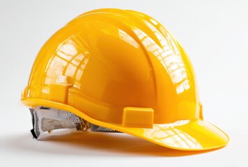 Bright yellow hard hat with a textured shell and adjustable chin strap sits against a stark white backdrop, casting a soft shadow below