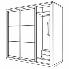 Line art illustration of an empty sliding door wardrobe with shelves and hanging space
