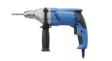 Vibrant Blue Corded Electric Power Drill with Auxiliary Handle and Metal Chuck, Isolated on White.