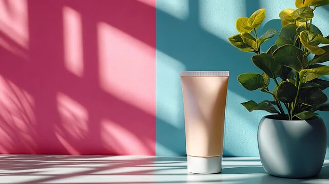 Beige tube stands on a two-tone pastel split-screen background with a plant nearby.
