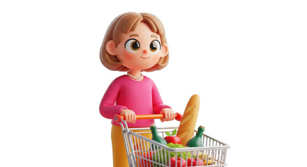 Cartoon woman pushing shopping cart with groceries isolated on a transparent background image