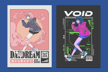 retro anime and cyberpunk y2k style poster illustrations, perfect for streetwear, prints, and modern design projects, vector illustration