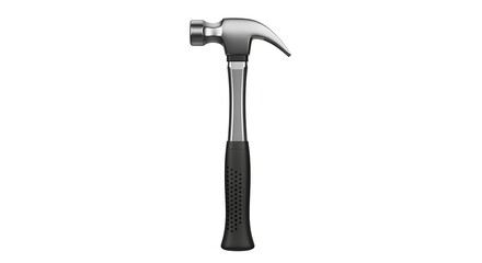 Polished Steel Claw Hammer with Black Ergonomic Grip, Isolated Vertically on White.