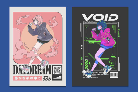 retro anime and cyberpunk y2k style poster illustrations, perfect for streetwear, prints, and modern design projects, vector illustration