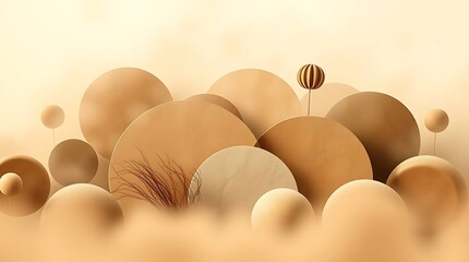 Abstract Beige Landscape: Minimalist Composition with Textured Circular Forms and Botanical Elements on Soft Yellow Backdrop                          