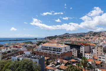 Panoramic View of Funchal City with Red Tiled Roofs and Ocean, Madeira, Portugal