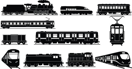 Train silhouettes set – vintage steam engine, electric train, subway, metro, high-speed rail, tram, freight, vector icons