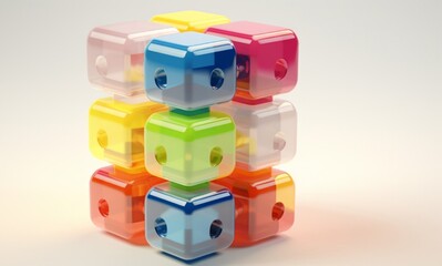 Naklejka premium Colorful Cubes: An engaging close-up captures the intricate, translucent construction of a vibrant cube puzzle, its layers demonstrating a blend of engineering and playful design