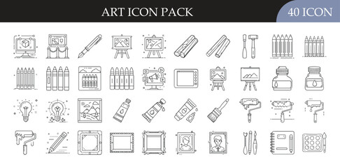 Art Icon Set - Collection of 40 outline icons related to art and creativity, featuring tools and materials such as easels, paintbrushes, pencils, paint tubes, palettes, frames, ink, light bulbs, and s