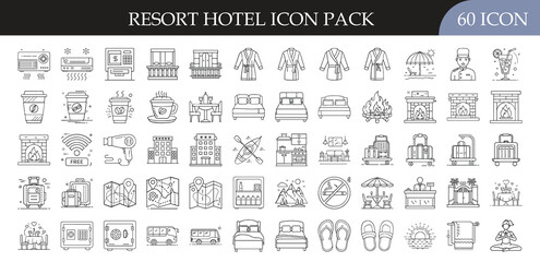 Resort Hotel and Vacation Services Icon Set - Collection of 60 outline icons featuring hotels, rooms, pools, drinks, relaxation, and travel services for resort, holiday, and hospitality themes.
