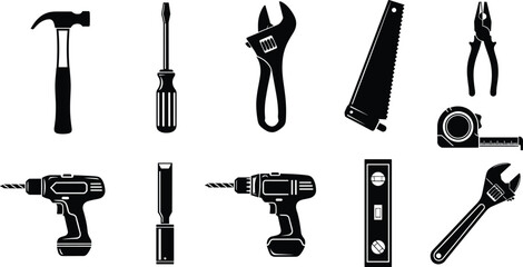 Black and white vector icons of common hand tools including hammer, screwdriver, wrench, saw, pliers, drill, chisel, measuring tape, and spirit level.