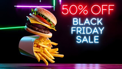 Delicious floating hamburger and french fries with glowing neon text announcing a 50 percent off black friday sale event