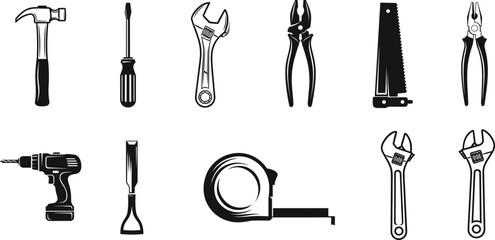 Black and white vector icons of essential hand tools including hammer, screwdriver, adjustable wrench, pliers, saw, power drill, chisel, and measuring tape.