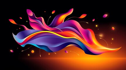 Abstract Color Flow: Dynamic waves of vibrant gradients on a dark backdrop, a modern art design element with floating shapes and warm-toned reflection.