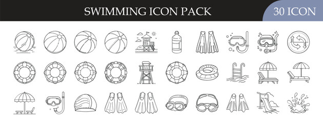 Swimming and Pool Activities Icon Set - Collection of 30 outline icons featuring swimming gear, lifebuoys, goggles, flippers, and poolside elements for water sports and summer leisure themes.  © Md