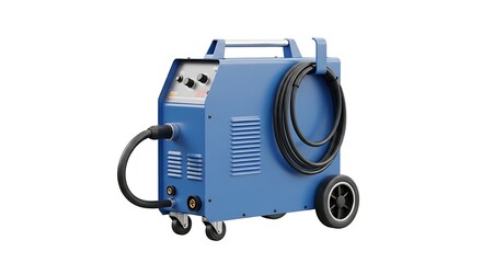 Compact Blue Industrial Arc Welder on Wheels, a Portable Powerhouse for Metal Fabrication, Isolated on White.