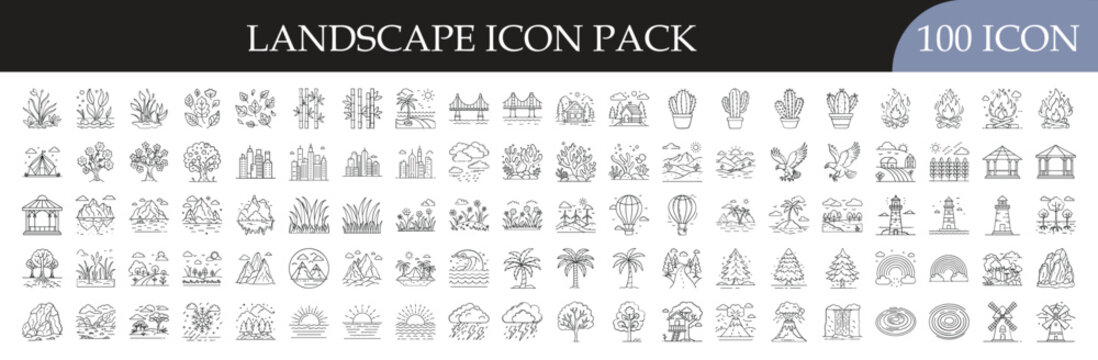 Landscape and Nature Outline Icon Set - Collection of 100 outline icons featuring trees, mountains, houses, gardens, and outdoor scenery elements for nature, travel, and environment themes.
