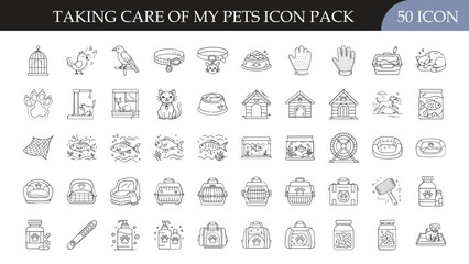 Pet Care and Animal Supplies Icon Set - Collection of 50 outline icons featuring pets, food, grooming, toys, cages, and veterinary care symbols for animal care and lifestyle themes.
