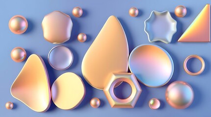 Iridescent 3D Geometric Shapes on Light Blue Background - Abstract Still Life                                                                         