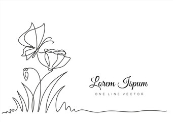 Elegant single line drawing of a butterfly on a poppy flower against a white background. Hand drawn one line vector. Editable stroke