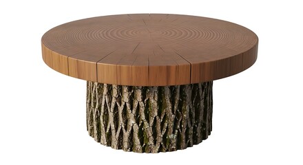 Organic Modern Round Wood Coffee Table with Textured Bark Base, Isolated on White Background.