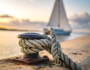 A mooring rope tied to a dock at sunset.  Sailboat in the background