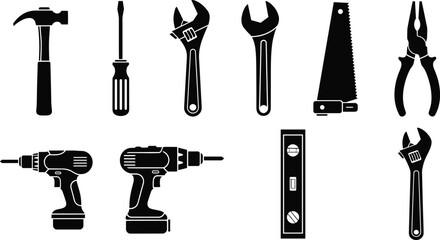 Vector set of essential hand tools including hammer, screwdrivers, wrenches, power drills, saw, pliers, and level in black.