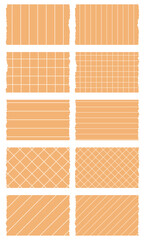Set of orange washi tapes with patterns isolated on white. Tapes collection in vector. Pieces of decorative tape for scrapbooks. Torn paper. Lines, cell