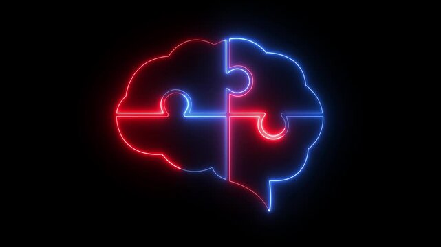 glowing neon brain puzzle icon isolated on black background. brain icon symbolizing intelligence and problem solving against. 4k motion video.