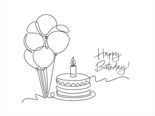 Continuous line drawing of birthday cake with candle and balloons. Birthday cake one line drawing in single line art style. Hand drawn one line vector. Editable stroke	