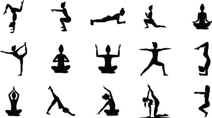 Yoga Pose Silhouettes – Black Vector Icons of Meditation, Standing Balance, Warrior Postures, Flexibility Stretches, Seated Mindfulness, Relaxation, and Fitness Training for Healthy Body and Spirit
