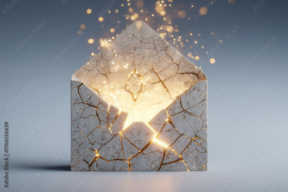 Poster minimalist 3d envelope email icon with cracks and small sparks glowing from inside emotional tech ov