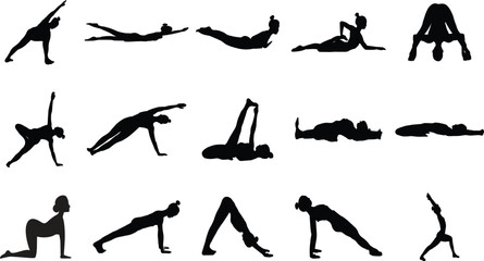 Yoga Exercise Silhouettes – Black Vector Poses for Flexibility and Wellness