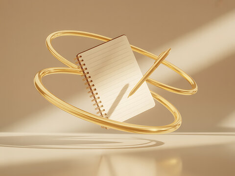 A blank spiral notebook with a pencil rests within a golden abstract ring against a soft beige background with dappled light - Powered by Adobe