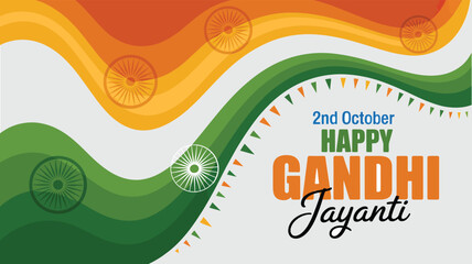 Festive Gandhi Jayanti design with Indian flag waves, Ashoka Chakra symbols, and celebratory text, honoring peace and national pride