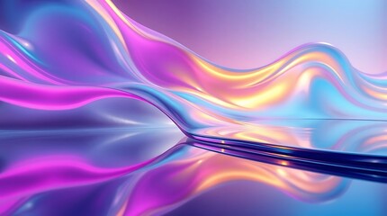 Iridescent Abstract Wave: Liquid Metal Reflecting Light in Dynamic Motion, Modern Holographic Effect                                                  