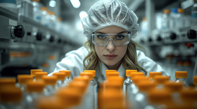 Medical bio laboratory, Research, Science test technology. Pharmaceutical lab specialist examines medicine vials, hospital patient samples. Medical student conducts research. Realistic style photo