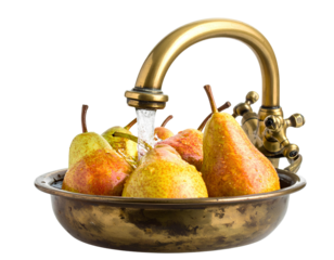 Pears under running water brass tap warm rustic tones PNG