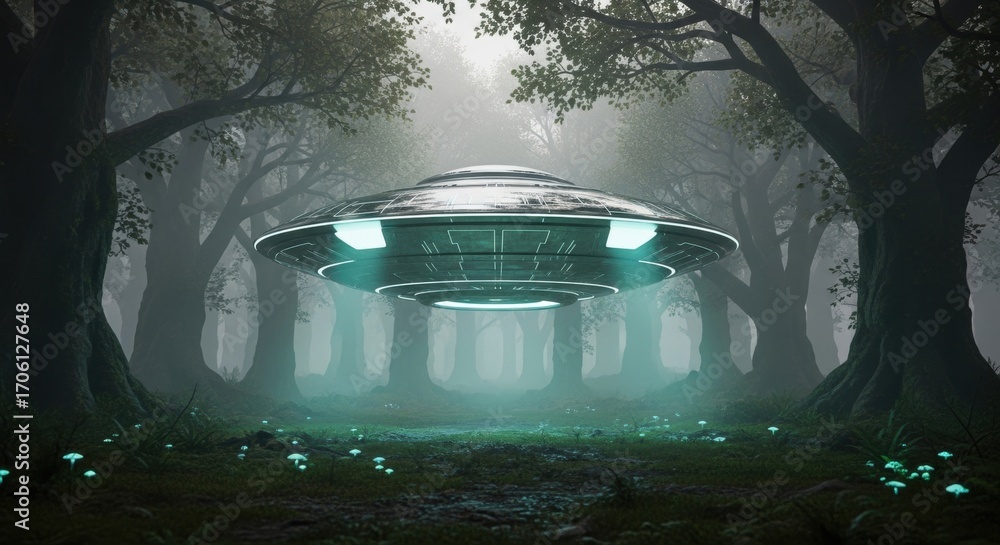 Poster ufo hovering over mysterious forest filled with glowing mushrooms. alien spaceship lands in nature o