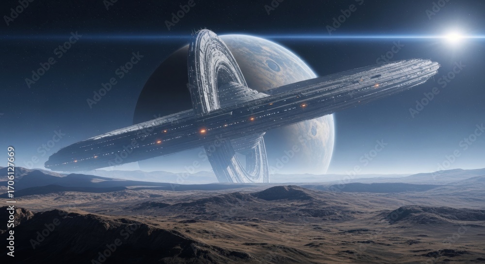 Aufkleber alien spacecraft hovering over an alien planet terrain with a colossal ringed planet in the backgrou