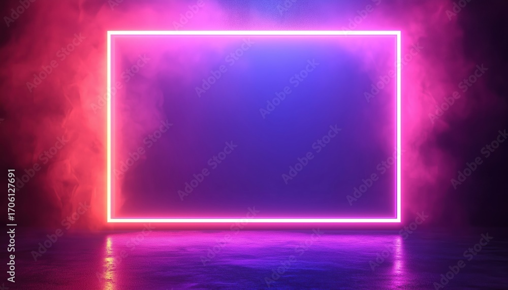 Aufkleber glowing techno backdrop: neon double rectangular frame with shining effects on dark background. empt