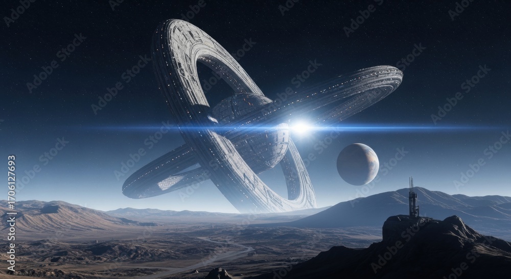Aufkleber large ring shaped alien spaceship hovering over an alien planet surface with mountains. future space