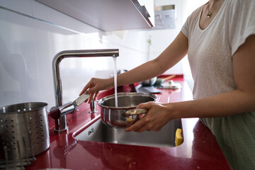 Woman preparing a meal in a modern kitchen setting