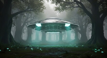Ufo hovering over mysterious forest filled with glowing mushrooms. Alien spaceship lands in nature on misty night. Sci-fi concept.