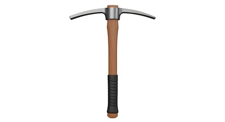 Classic Steel Pickaxe with Wooden Handle and Textured Grip on White Background.