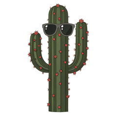 Cool cactus with sunglasses on transparent background, cartoon style, green plant with pink flowers, fun and playful mood