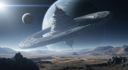 Massive futuristic space station orbiting a giant gas planet above an alien desert landscape. Science fiction concept for exploration.